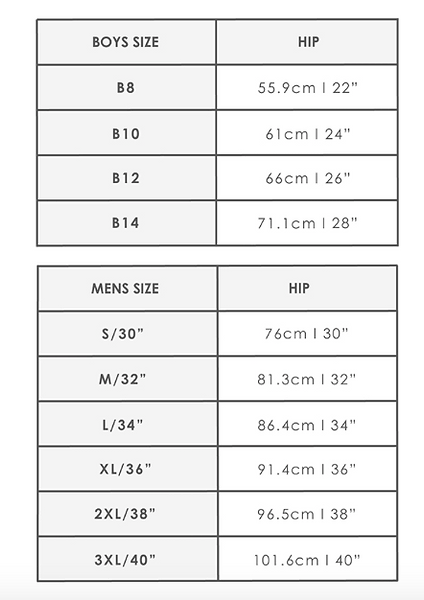 Engine Men/Boys Trunks Size Guide